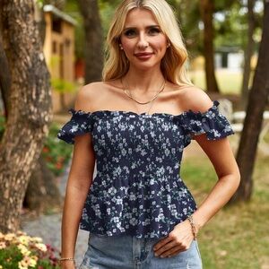 Blue and White Smocked Ruffled Peplum Blouse